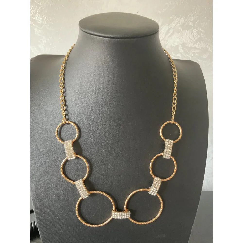 Gold Tone Circle Necklace Rhinestones Adjustable Chain Statement Jewelry - Picture 1 of 5